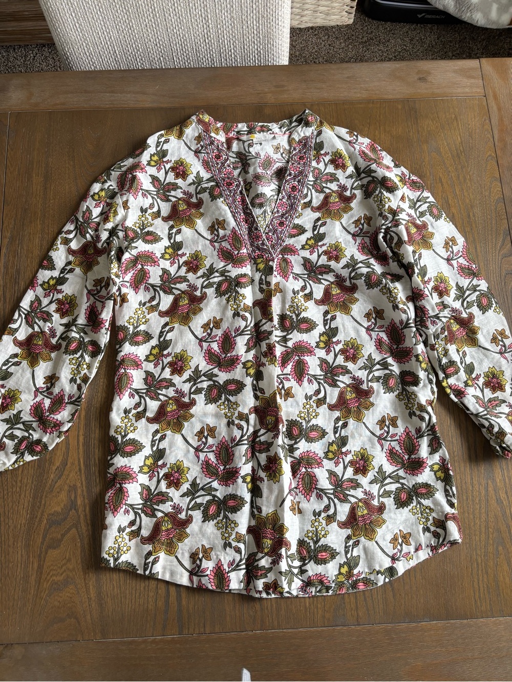 Boden White Floral Split V-Neck Blouse with Pink & Olive Details